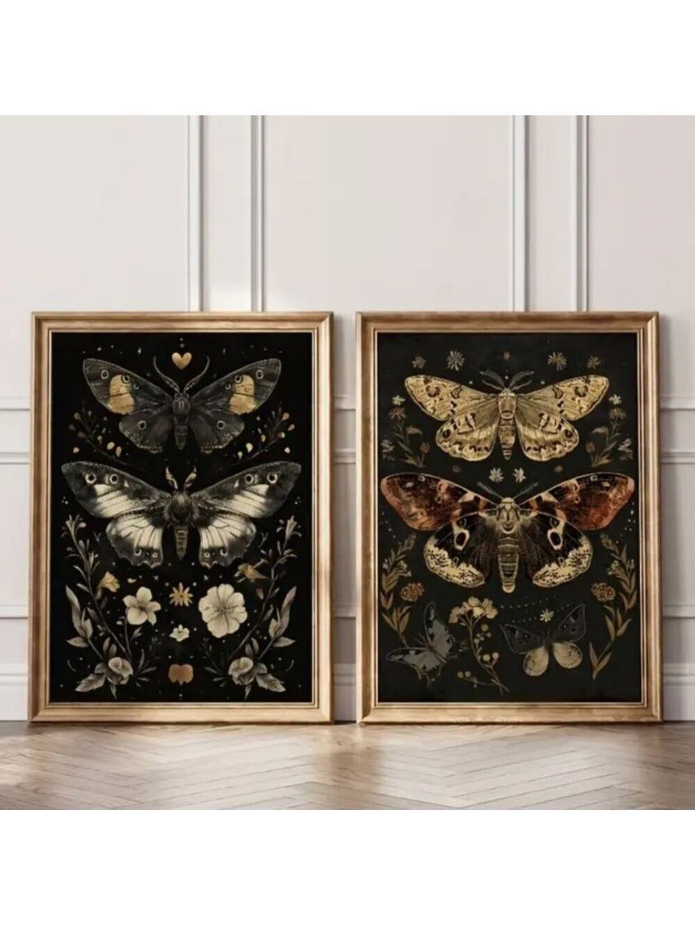 Dark Floral Moth Canvas Prints - Set of 2 Wall Art